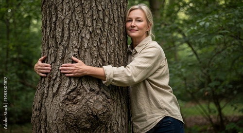 Woman Embraces Nature's Strength - A woman hugs a large tree, symbolizing connection, environmentalism, peace, growth, and the power of nature