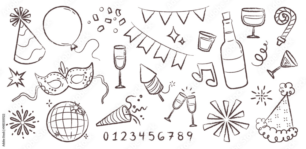 Set de ilustraciones decorativas dibujadas a mano de decoraciones de fiesta. Vector	
