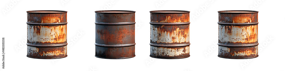Set of four Rusty oil barrel images, isolated over on transparent white background
