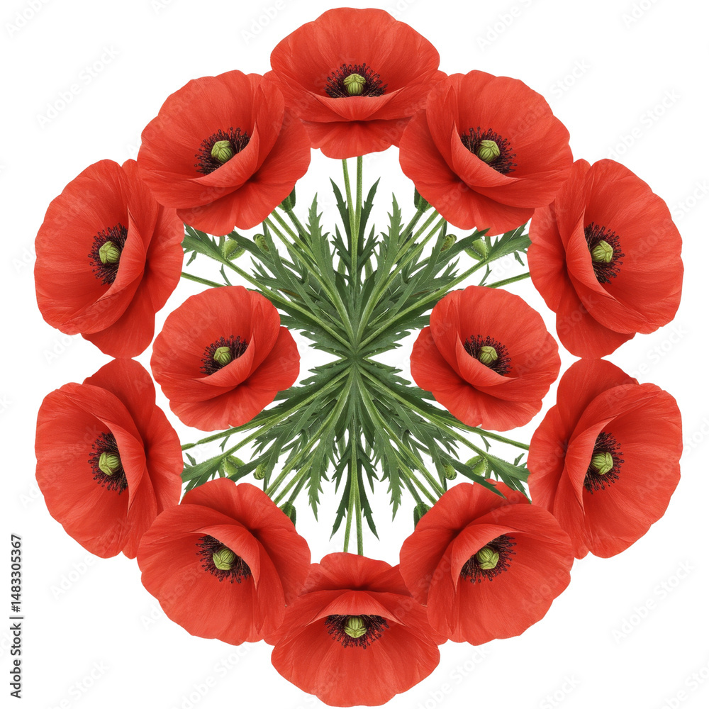 Obraz premium Kaleidoscope pattern with vibrant red poppy flowers and green leaves design on white background on transparent background
