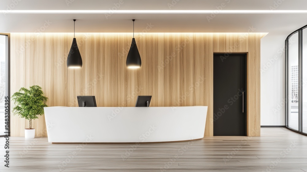 Fototapeta premium Modern reception desk in a light-filled office lobby