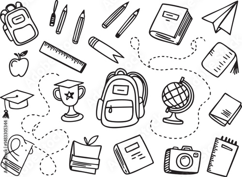 Hand-drawn school doodles and education icons, sketch elements for back-to-school designs, classroom posters, learning resources, teacher materials, student planners, study graphics