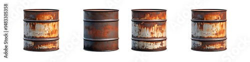 Obraz na płótnie Set of four Rusty oil barrel images, isolated over on transparent white background w salonie