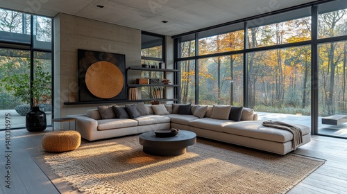 Wallpaper Mural Modern minimalist living room with large windows overlooking autumn forest Torontodigital.ca