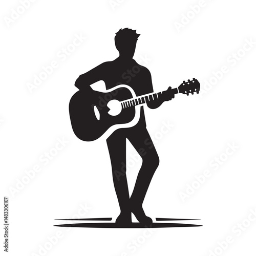 silhouette of a person playing guitar, simple black and white editable vector