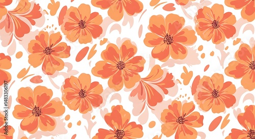 Wallpaper Mural Orange Floral Seamless Pattern, Hand-painted Flower Textile Design Torontodigital.ca
