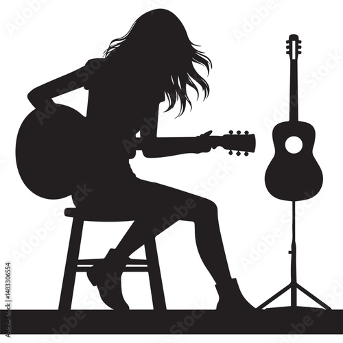 silhouette of a person playing guitar, simple black and white editable vector