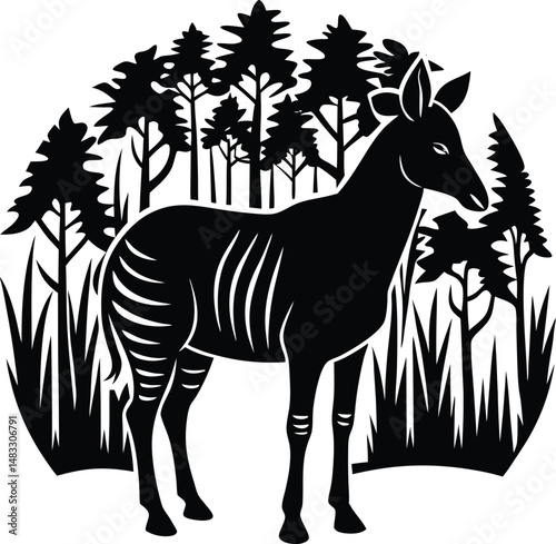 Okapi Silhouette In Forest