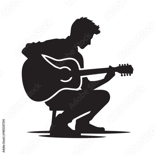 silhouette of a person playing guitar, simple black and white editable vector