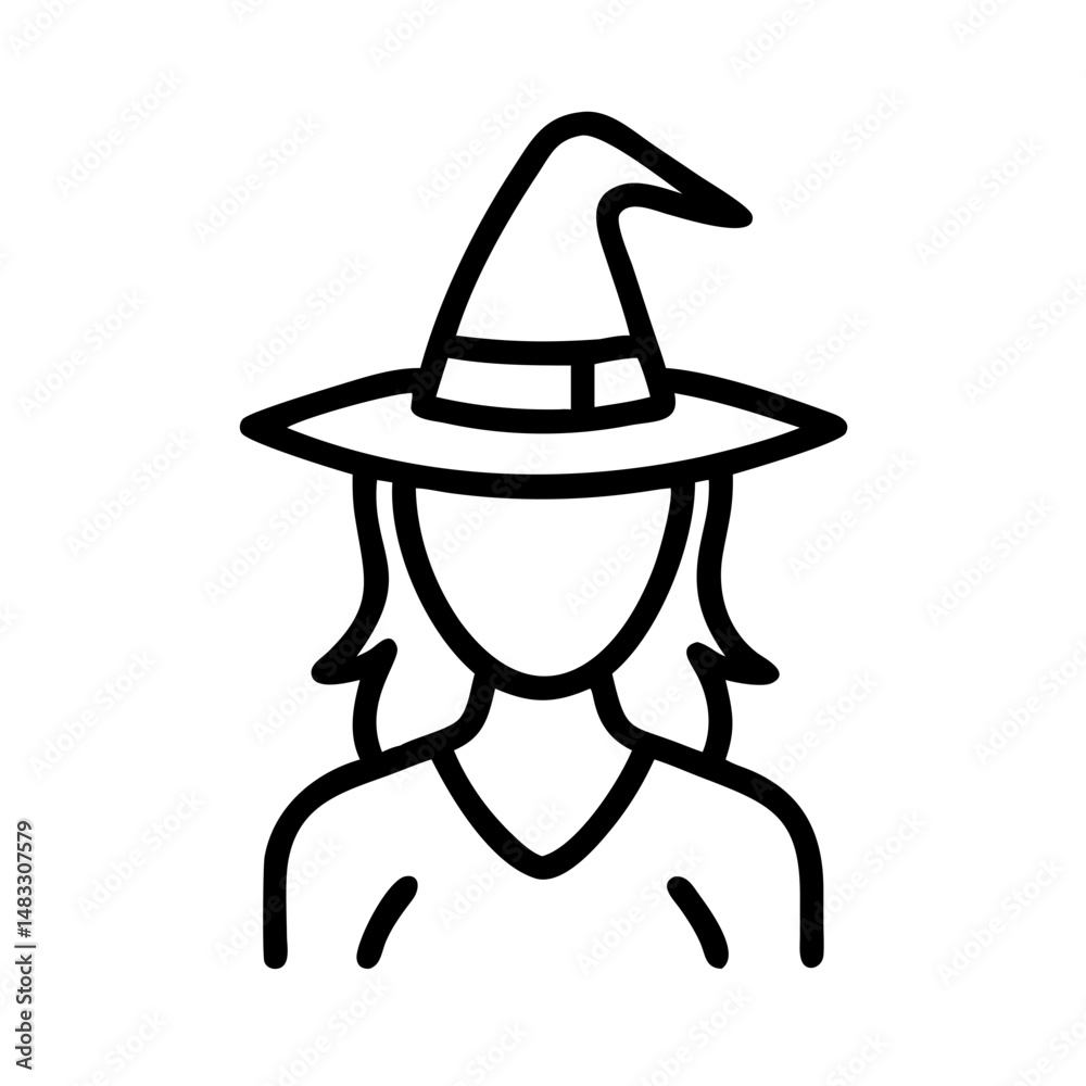 Witch character wearing a pointed hat in a minimalist design Witch character wearing a pointed hat in a minimalist design