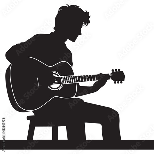 silhouette of a person playing guitar, simple black and white editable vector