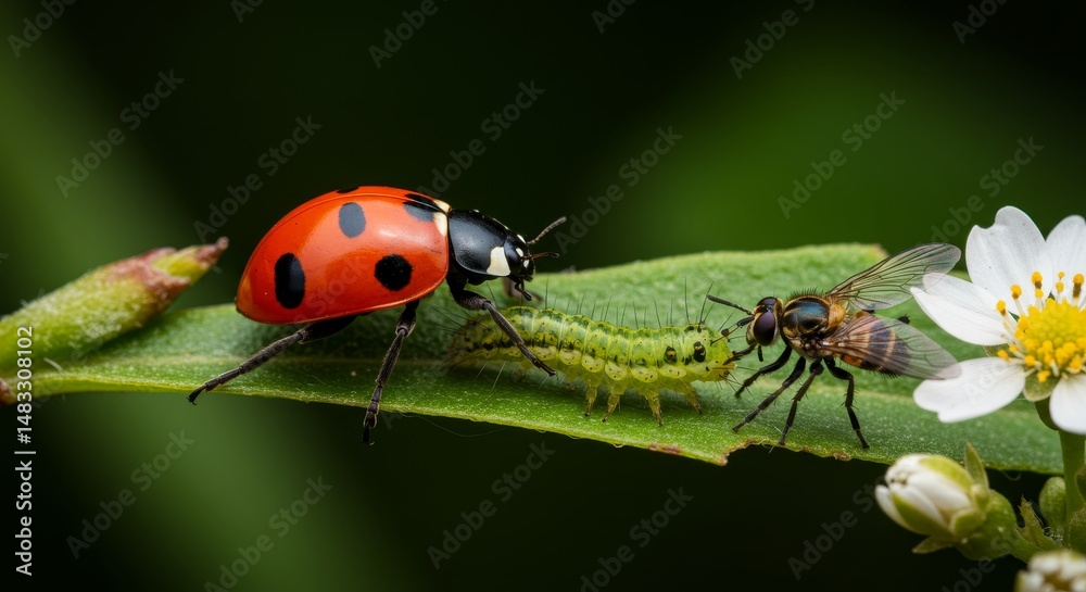 Intricate world of insects, a ladybug, hoverfly, and caterpillar share a leaf habitat Intricate world of insects, a ladybug, hoverfly, and caterpillar share a leaf habitat