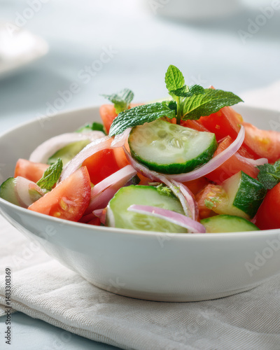 Clean Vertical Food Poster Featuring Kachumber Salad with Cucumber, Tomato, and Mint on Soft Pastel Background photo