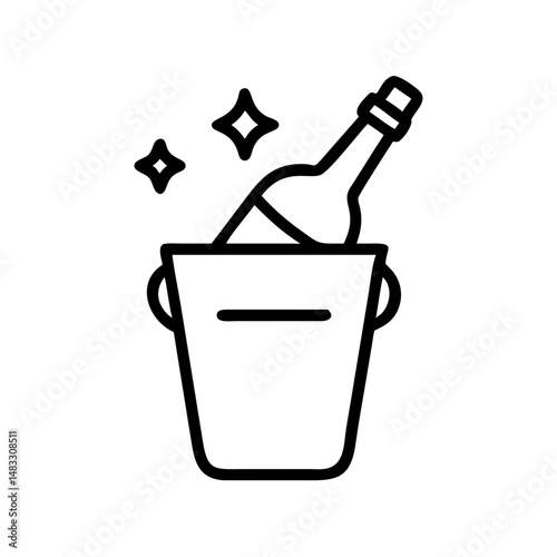 Champagne bottle in ice bucket with sparkles in minimalist style  
