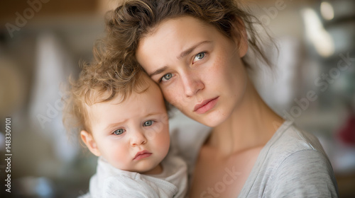 Exhausted mother in a messy kitchen caring for a fussy baby