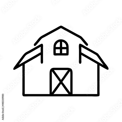 Simple line drawing of a barn with a triangular roof and windows  