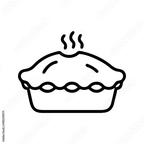 Line drawing of a steaming pumpkin pie in a baking dish  