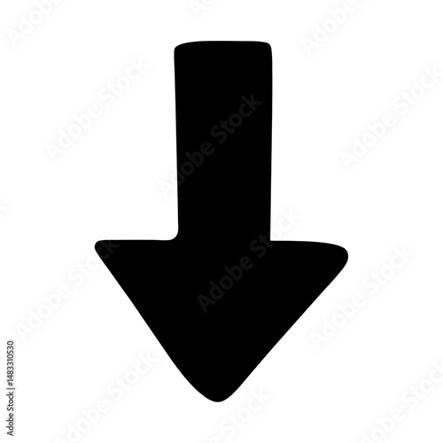 Simple solid black arrow pointing downwards on a white background plain design