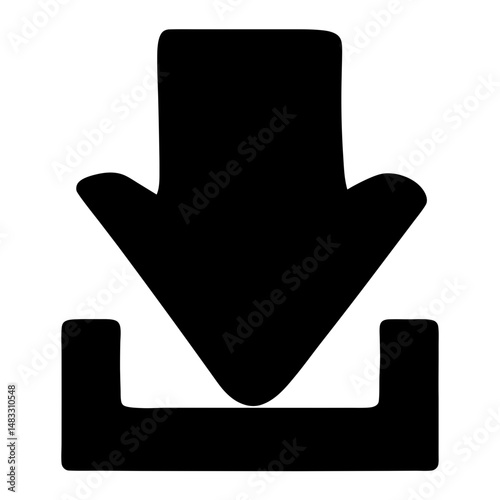 Stylized download icon featuring a bold arrow pointing downward into a container