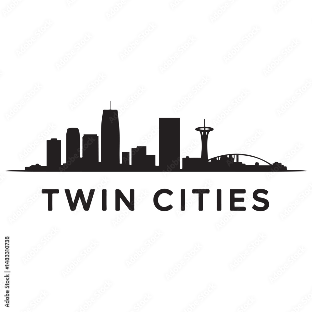 Fototapeta premium Twin cities skyline horizontal banner. Black silhouette of Twin Cities, Minnesota. Vector template for your design. Vector black silhouette. with white background