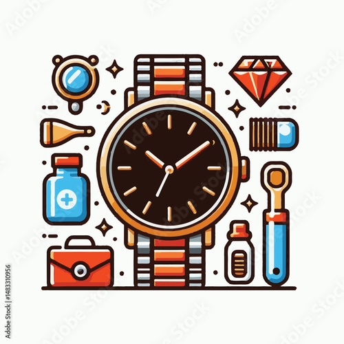 watch, time, clock, hour, isolated, design, business, hand, minute, dial, second, wristwatch, timer, background, illustration, vintage, modern, white, wrist, vector, classic, graphic, concept, closeup