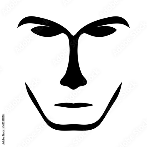 Minimalist black and white face illustration with stylized design elements on white