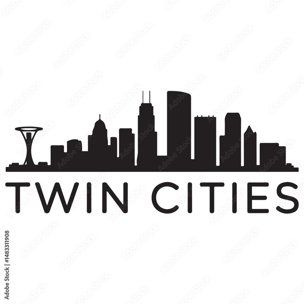 Fototapeta premium Twin cities skyline horizontal banner. Black silhouette of Twin Cities, Minnesota. Vector template for your design. Vector black silhouette. with white background