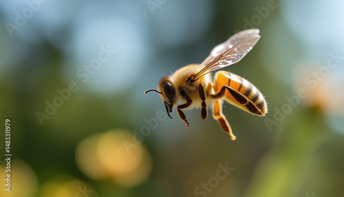 close up of bee in flight, showcasing its delicate wings and vibrant colors