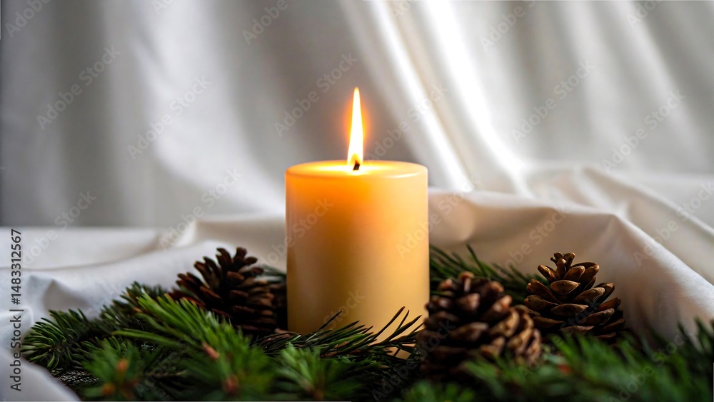 Serene Lit Candle Amidst Pine Cones and Evergreen Branches on White Fabric Serene Lit Candle Amidst Pine Cones and Evergreen Branches on White Fabric