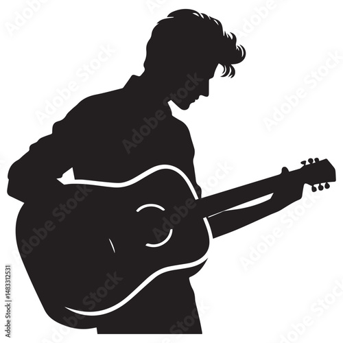 silhouette of a person playing guitar, simple black and white editable vector