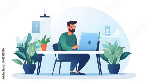 Professional man sitting at a desk with a computer and monitor for work or study