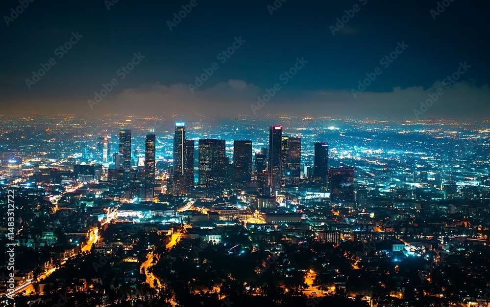 Obraz premium Night view of Los Angeles skyline from above; city lights; urban landscape; stock photo