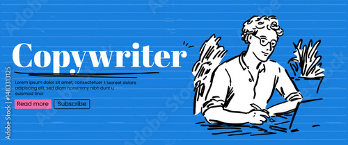 Sketch banner with writer man. Copywriter or teacher concept. Vector banner with blue bold bg