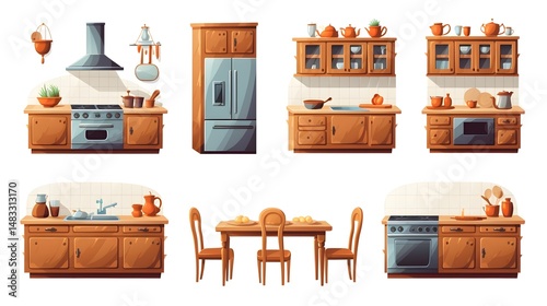 Colorful Set of Cartoon Kitchen Interior Vector Illustrations for Designs