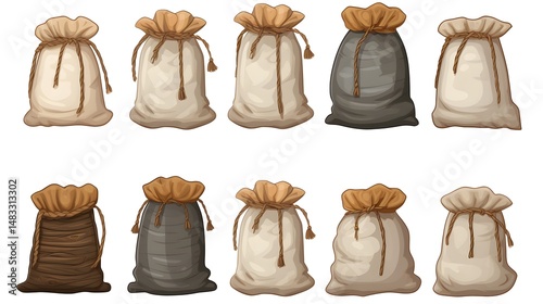 Vintage Gray Burlap Bags with Rope Handles for Rustic Home Decor and Craft Projects