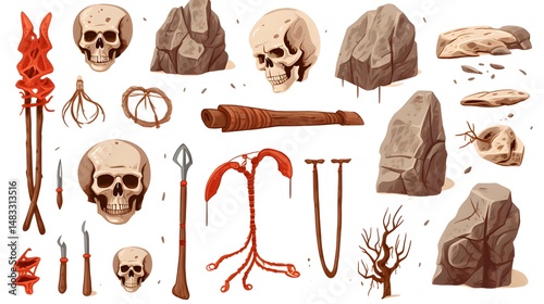 Collection of Primitive Cave Dwellings of Early Humans and Wild Neanderthals