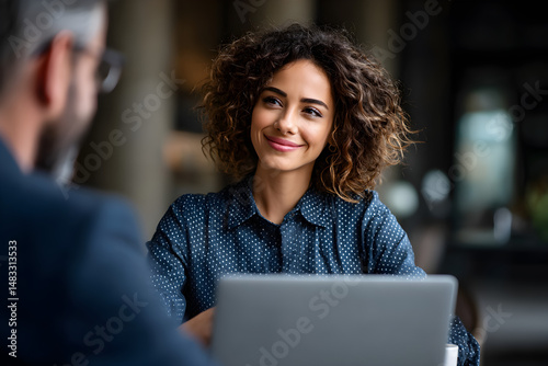 young marketer presenting campaign results to client on laptop