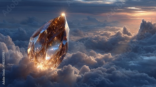 Magical crystal radiating zodiacal energy. Futuristic illustration of cosmos-like gem among clouds. Glowing light, star, space concept. Perfect for fantasy, sci-fi, design, wallpaper. Visual impact