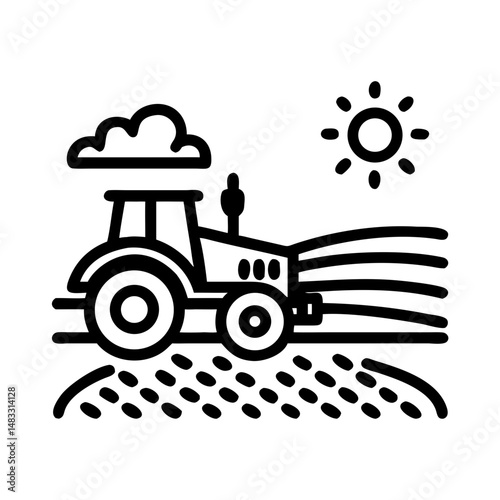Tractor on Farmland Icon Representing Agricultural Work and Rural Machinery