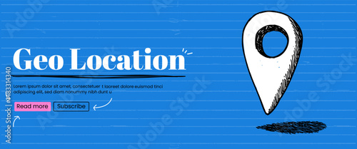 Ink Sketch banner with Geo pin. Geo Location concept. Vector banner with blue bold bg