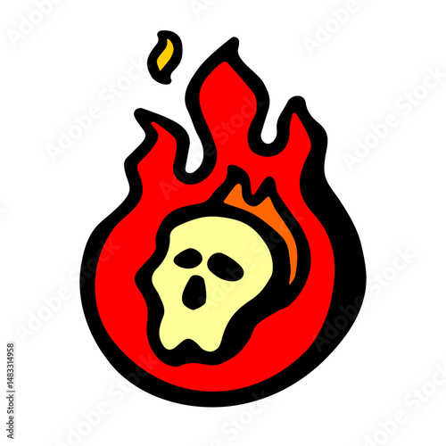 Bright colored vector illustration of a burning skull drawing on a white isolated background
