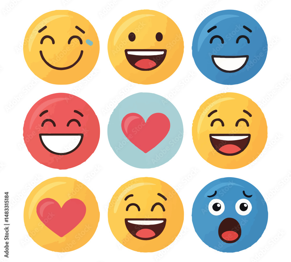 Fototapeta premium Emoticon Icon Set Emojis big vector icons set,Hands. Smile colllection. Emotions. Funny Cartoon. Hand Gestures. Social Media. Smile, Crying, Sad, Angry