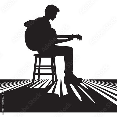 silhouette of a person playing guitar, simple black and white editable vector