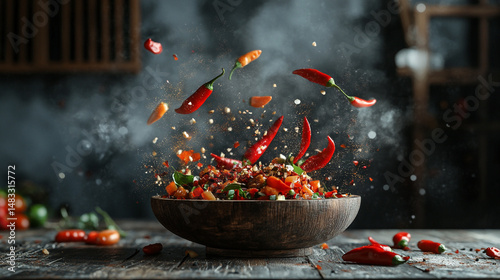 A spicy culinary explosion with flying food
