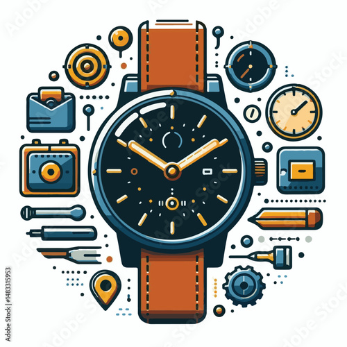 watch, time, clock, hour, isolated, design, business, hand, minute, dial, second, wristwatch, timer, background, illustration, vintage, modern, white, wrist, vector, classic, graphic, concept, closeup