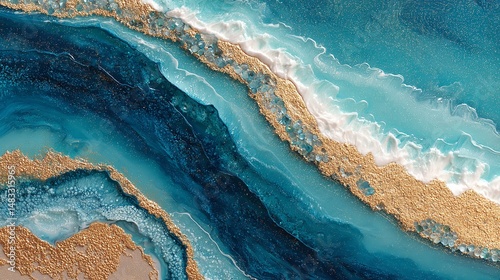 Abstract Blue and Gold Fluid Art with Ocean-Inspired Patterns