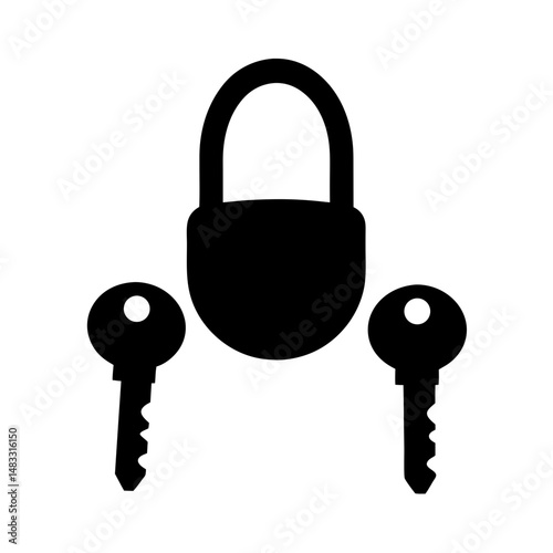 Black and white graphic of a padlock with two accompanying keys