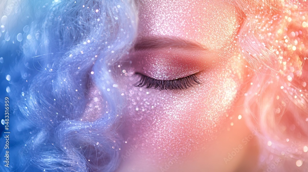 Fototapeta premium Close-up portrait of a stylized face with glowing makeup.