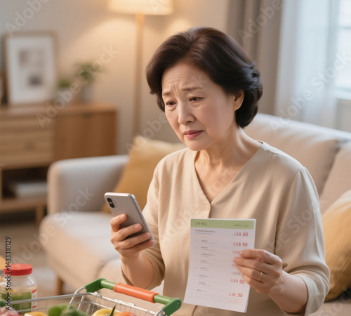 중년 주부가 거실에서 가계부를 확인하며 고민하는 순간, Korean housewife reviewing budget on smartphone in living room
