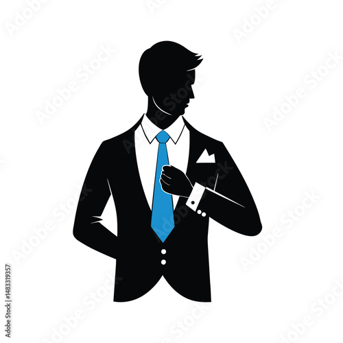 Elegant silhouette of a businessman in a suit with a blue tie and pocket square